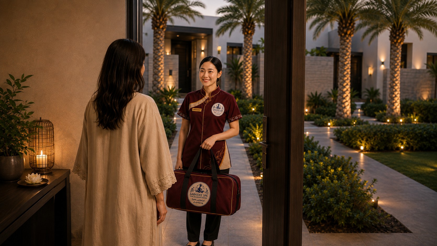 A SabaiDee therapist arriving at a private home in Doha to begin a Thai massage treatment