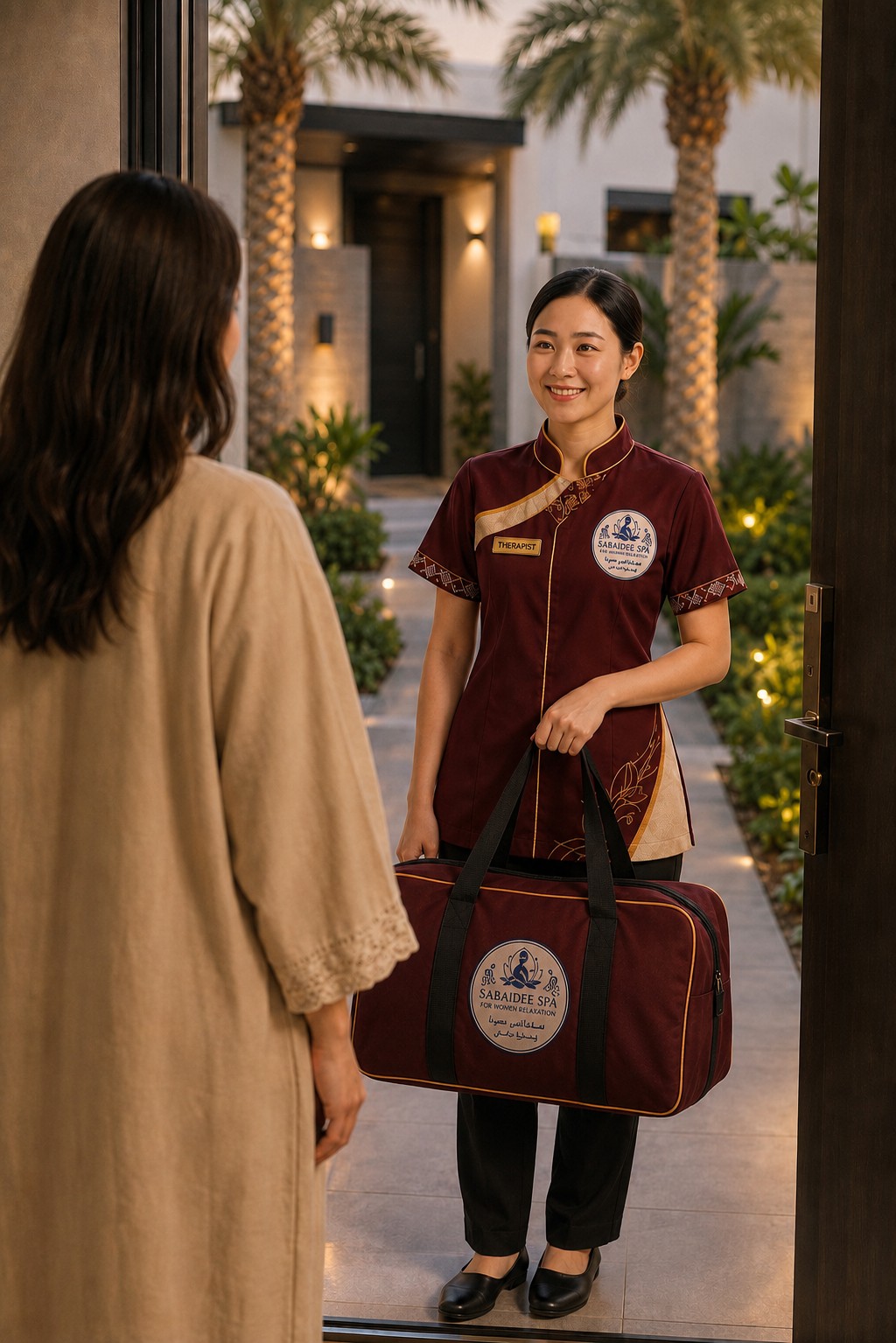 A SabaiDee therapist arriving at a private home in Doha to begin a Thai massage treatment