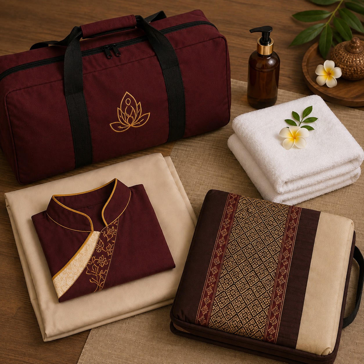 Professional massage kit and clean towels prepared for a home treatment